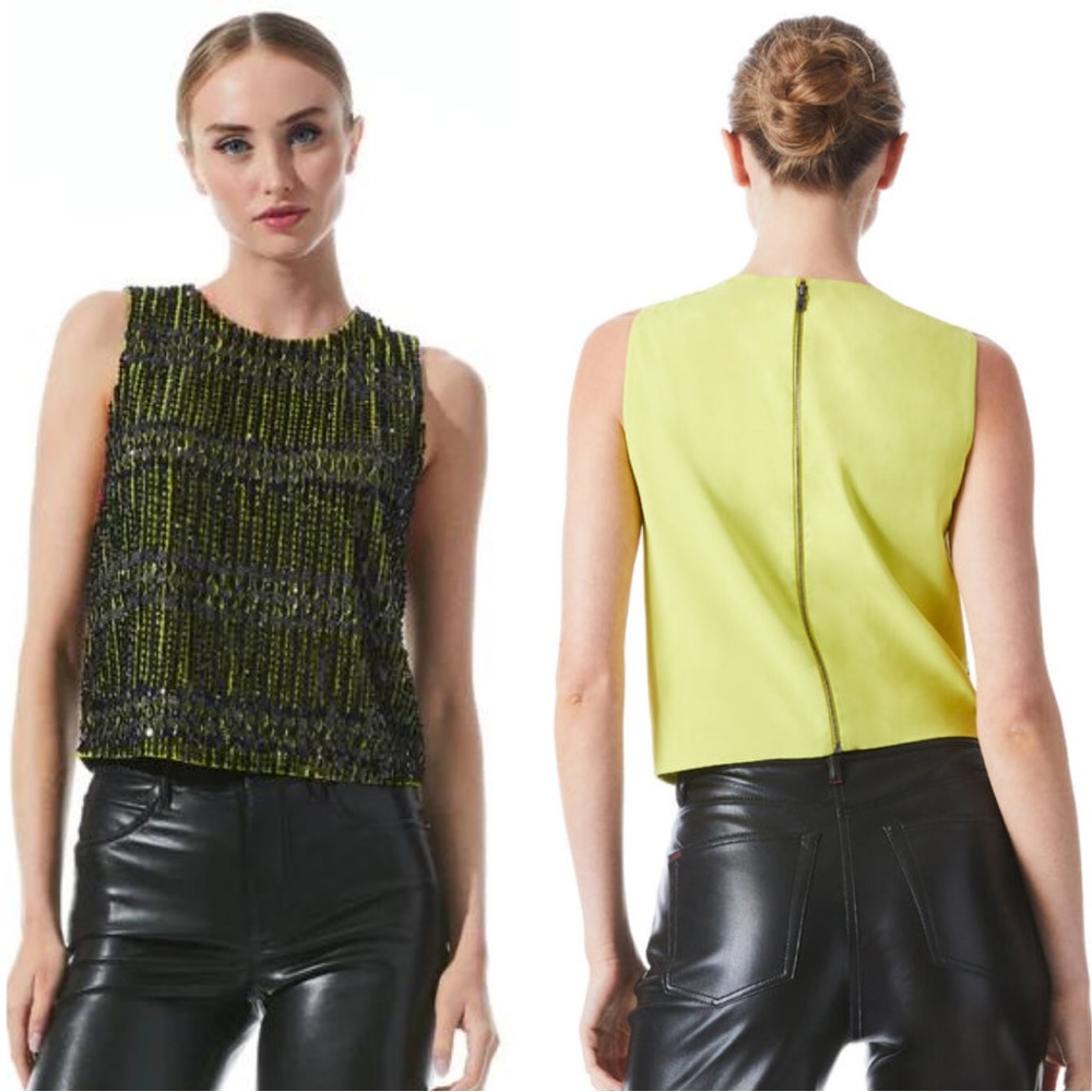 NEW Alice+Olivia Amal Embellished Boxy Tank Top Neon Green Black Size XS